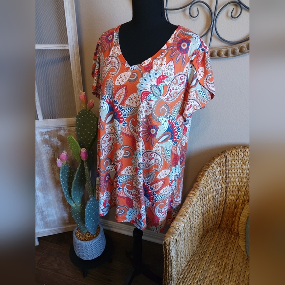 Enmain Paisley Print V-Neck Top - Orange and Blue - Picture 3 of 10